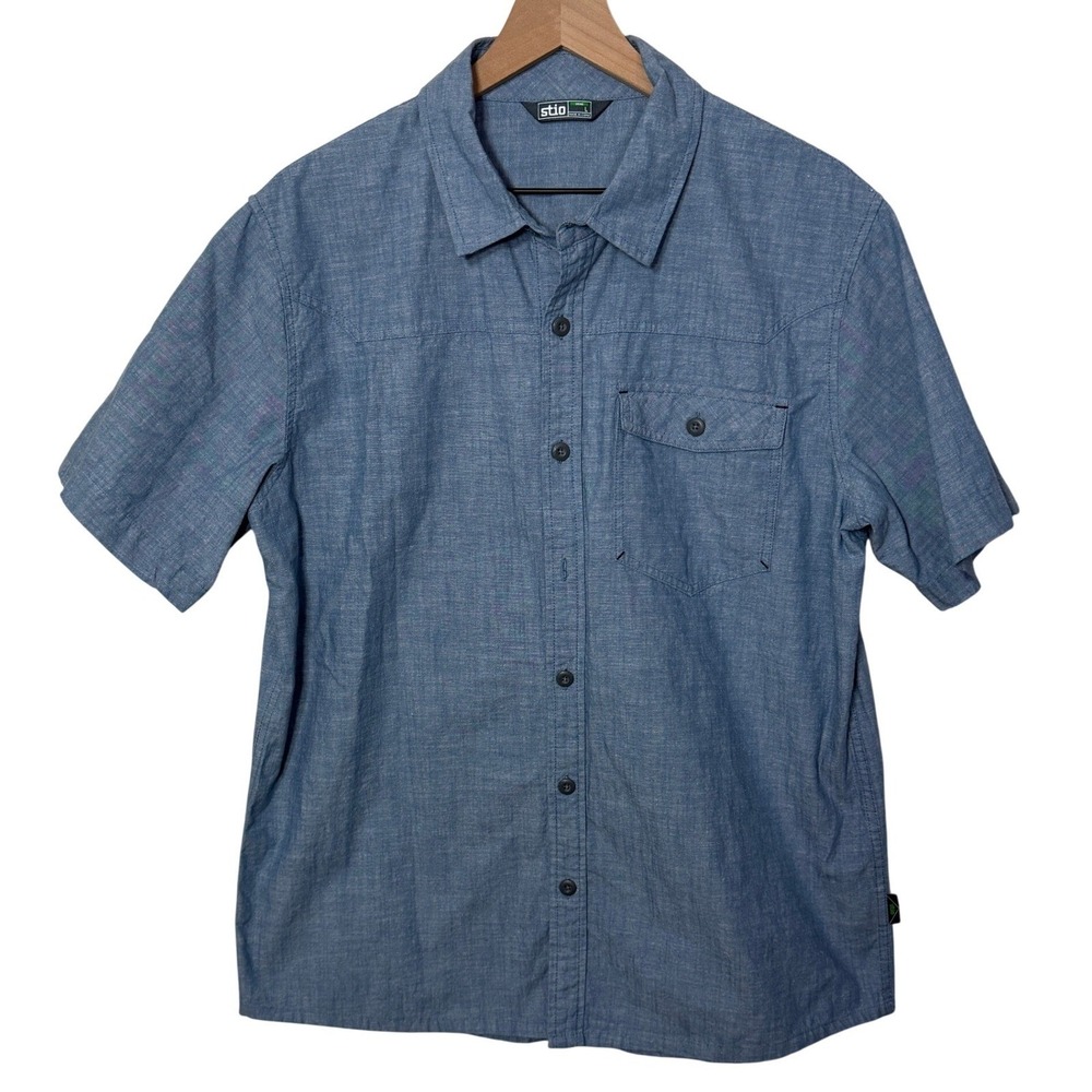 Stio Short Sleeve Button Down Mens Large Blue Organic Cotton‎ Chambray Shirt